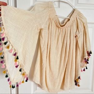 Anthropologie | Easel | Multicolor Tassels Flare Sleeve Cream Top